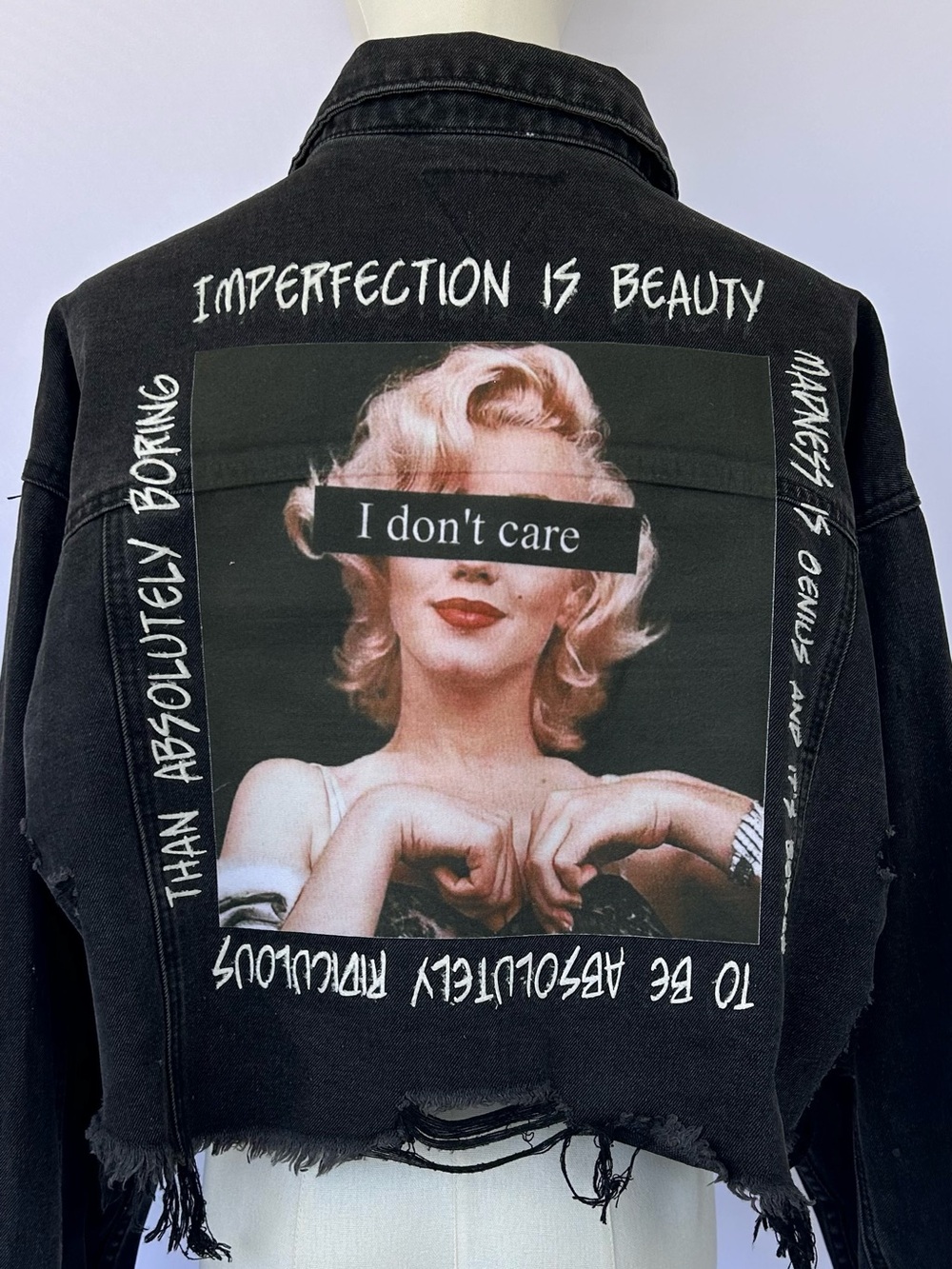 Bobbles & Lace Women’s “I Don’t Care”‎ Distressed Denim Jacket Black Size M/L